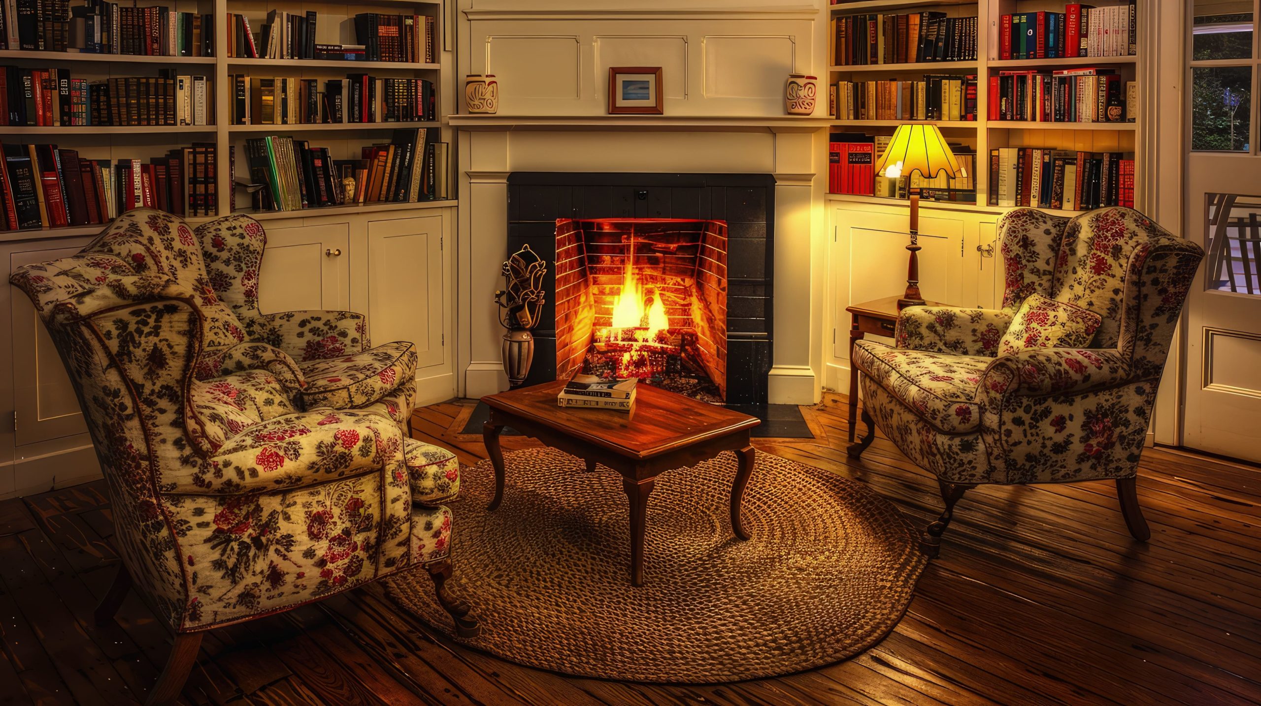 built in bookshelves around fireplace