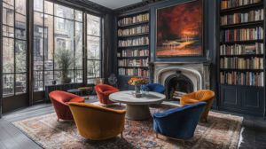built in bookshelves around fireplace